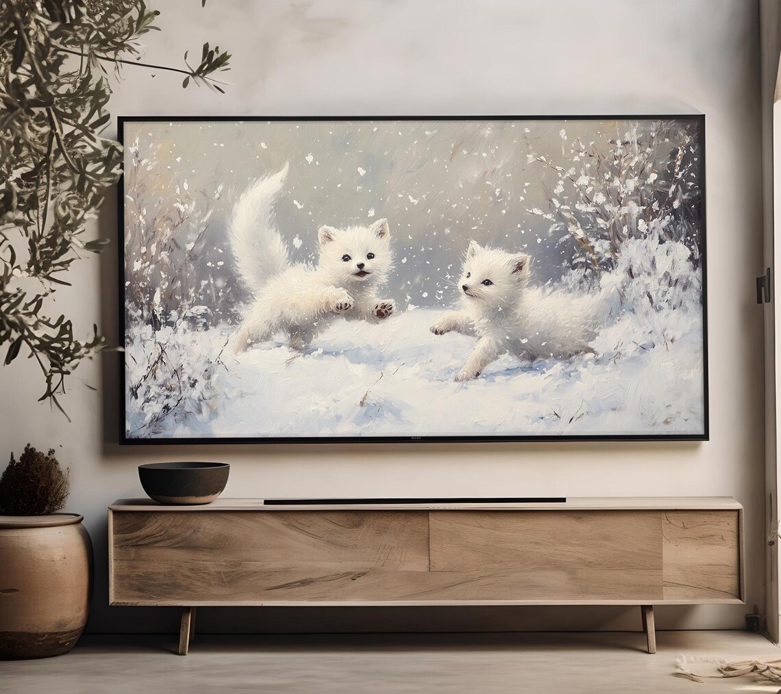 Arctic Fox Kits Playing Snowfall Vintage Wildlife Art Cute Winter Poster - Image 4