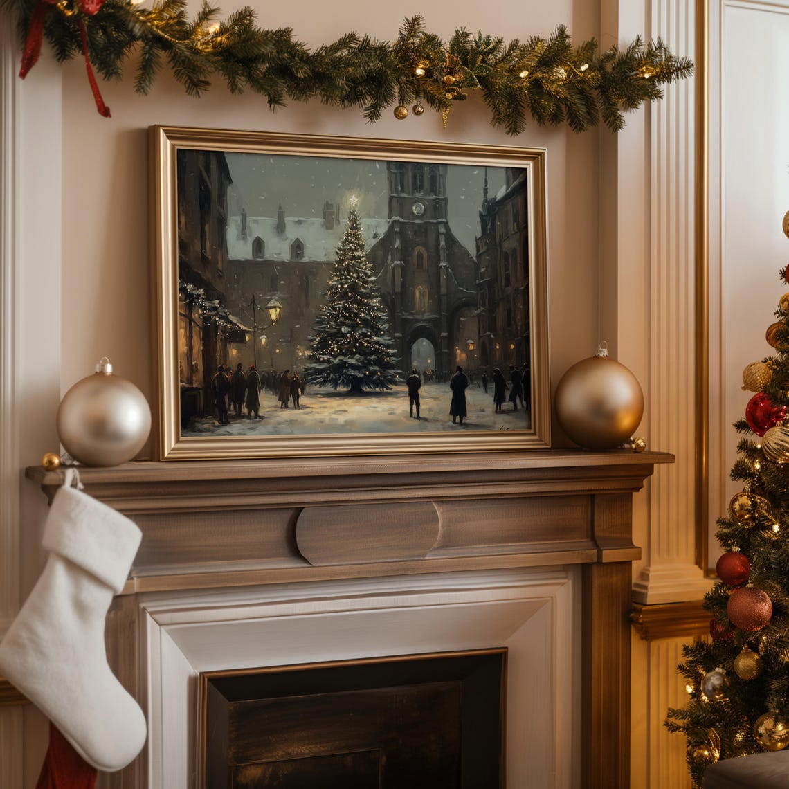 Vintage Christmas Town Square Lit Tree Church Moody Winter Print - Image 2