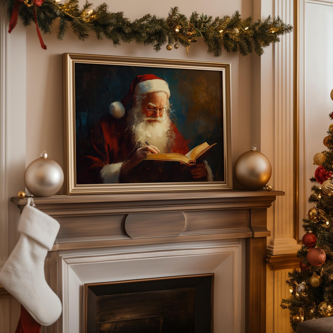 Santa Claus Writing Wish List Glowing Book Moody Portrait Painting Art - Image 2