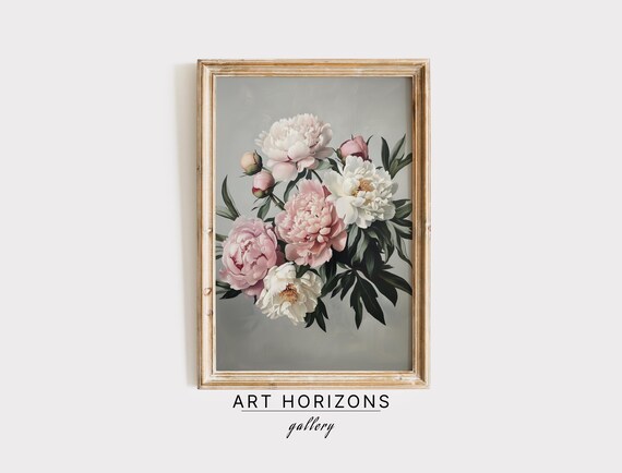 Moody Pink White Peonies Oil Painting Vintage Floral Art Print Farmhouse Decor Art Artwork Wall Art A252