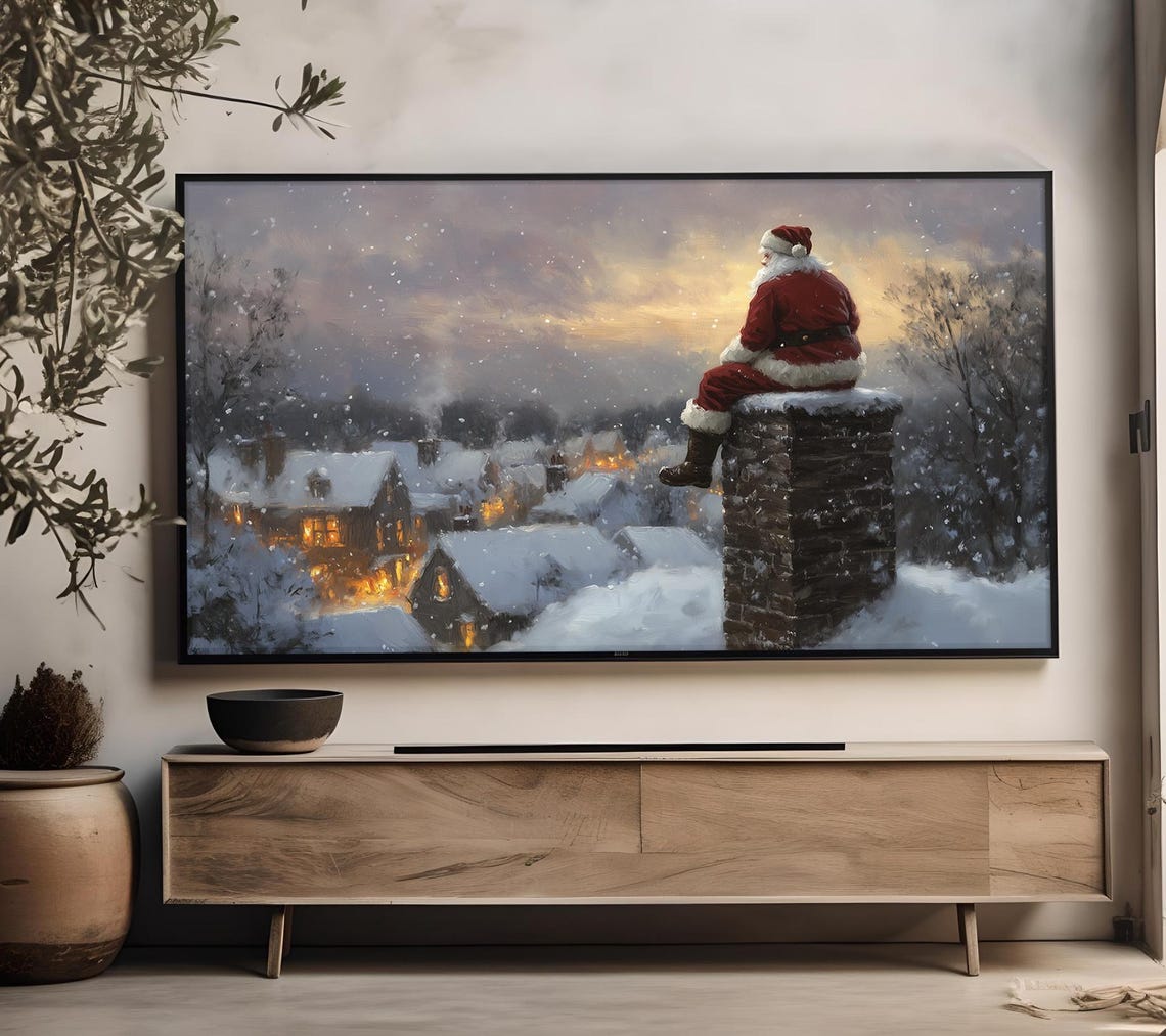 Santa Christmas Vintage Frame Tv Art Santa Sitting Art For Tv Farmhouse Roof Painting Christmas Decor Tv18 - Image 2