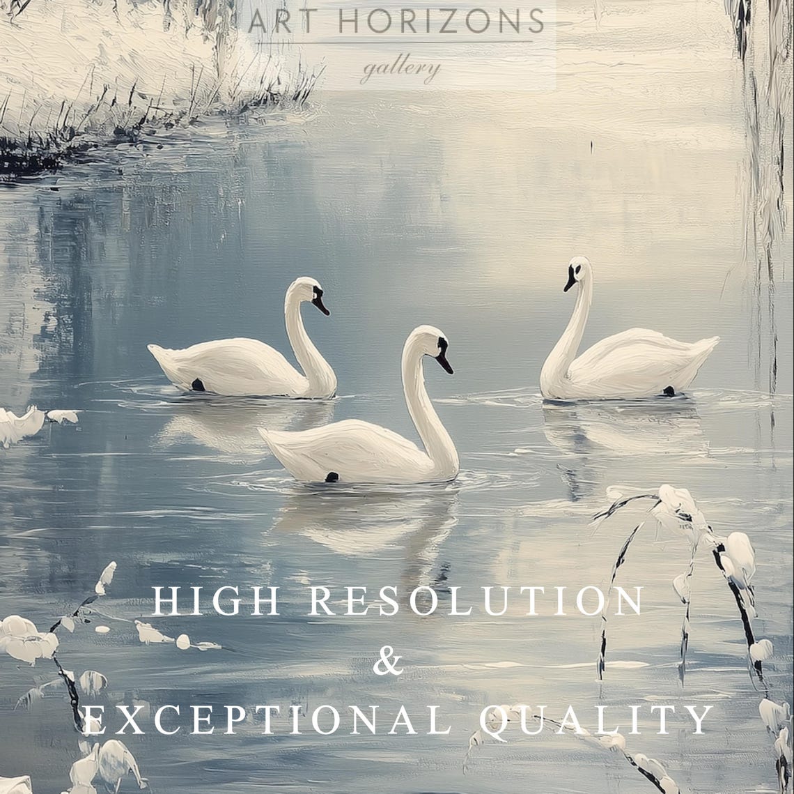 White Swans Icy River Snowy Weeping Willows Serene Winter Art Poster - Image 3