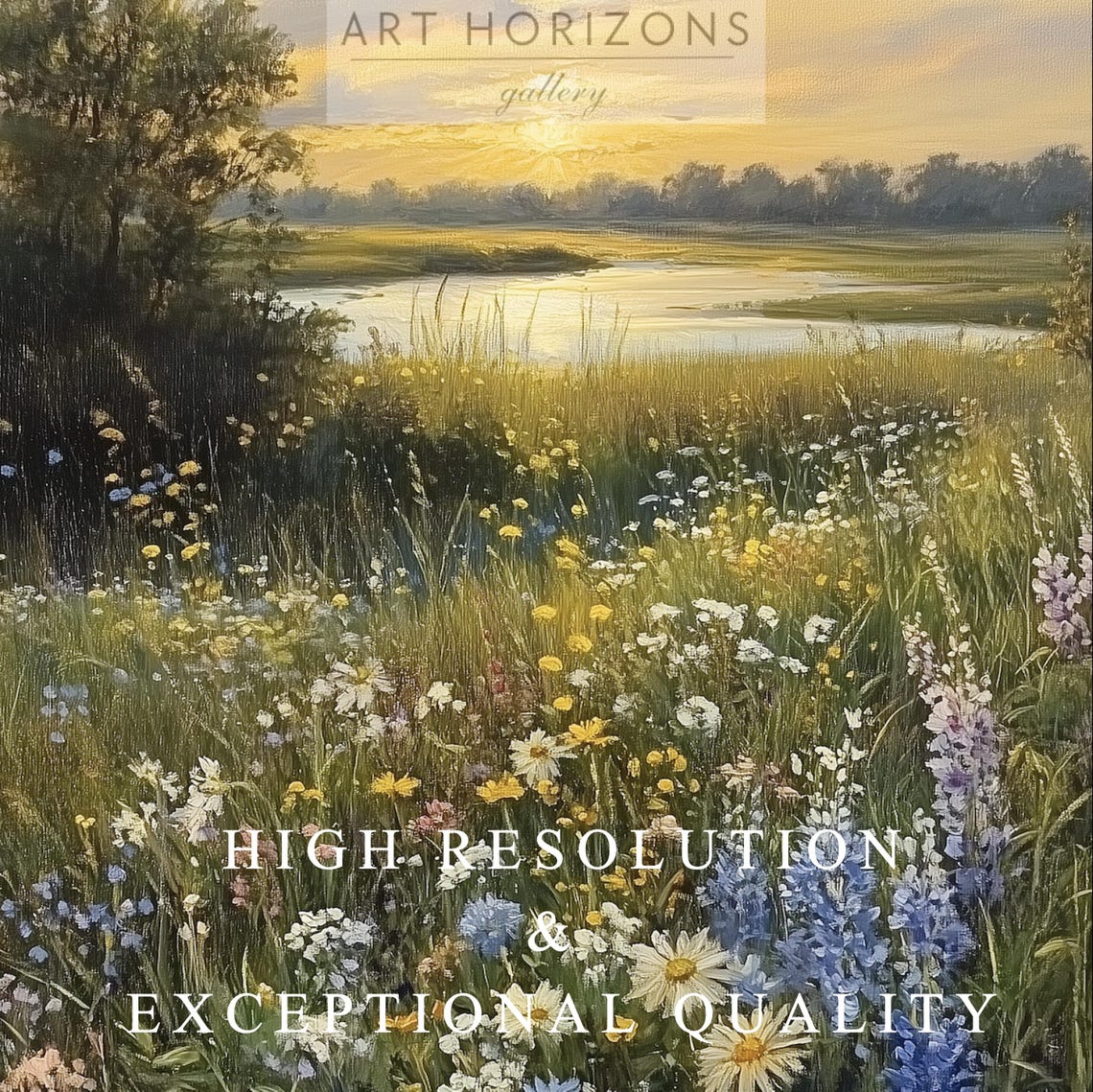 Wildflower Meadow Lake Sunset Vintage Pastel Spring Landscape Poster - Image 2