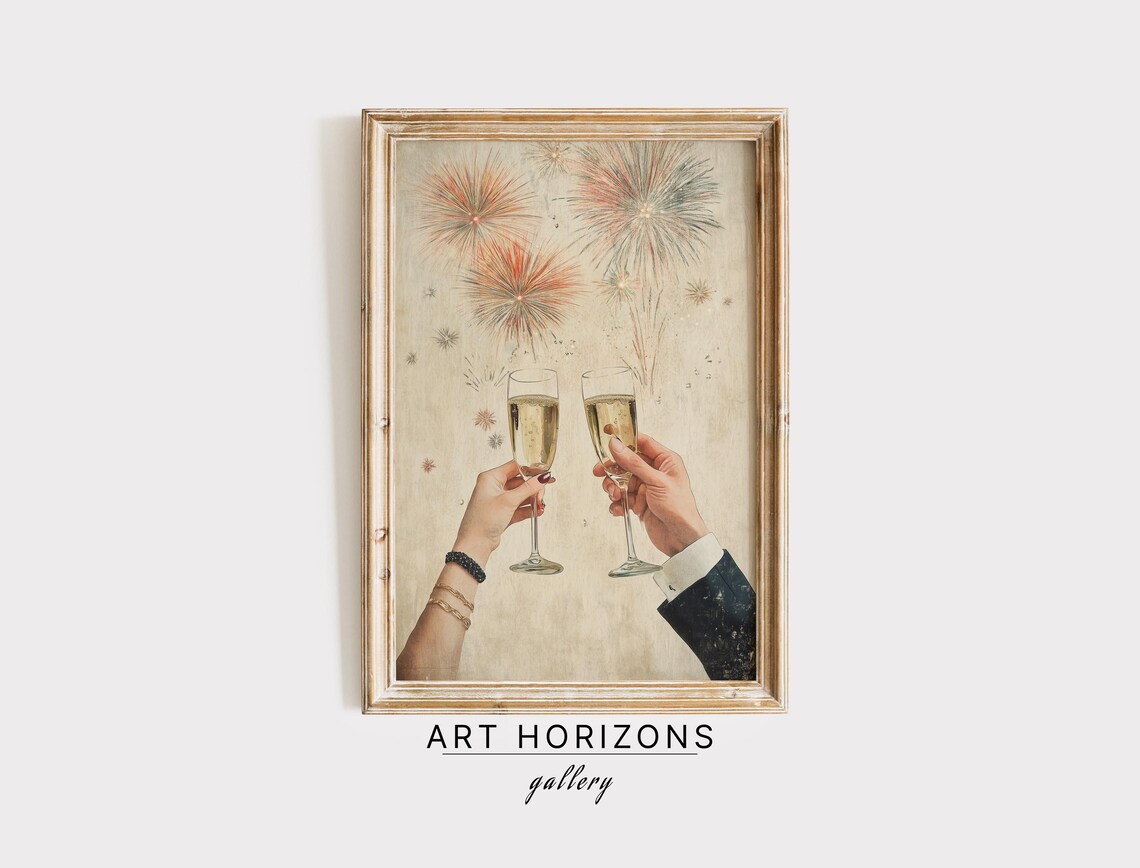 Champagne Toast Hands Fireworks Vintage Paper New Year Art Print