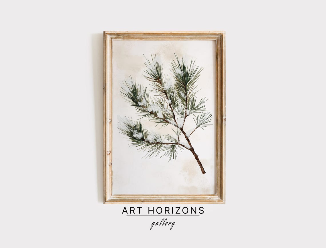 Snowy Pine Branch Minimal Botanical Neutral Winter Wall Art Print
