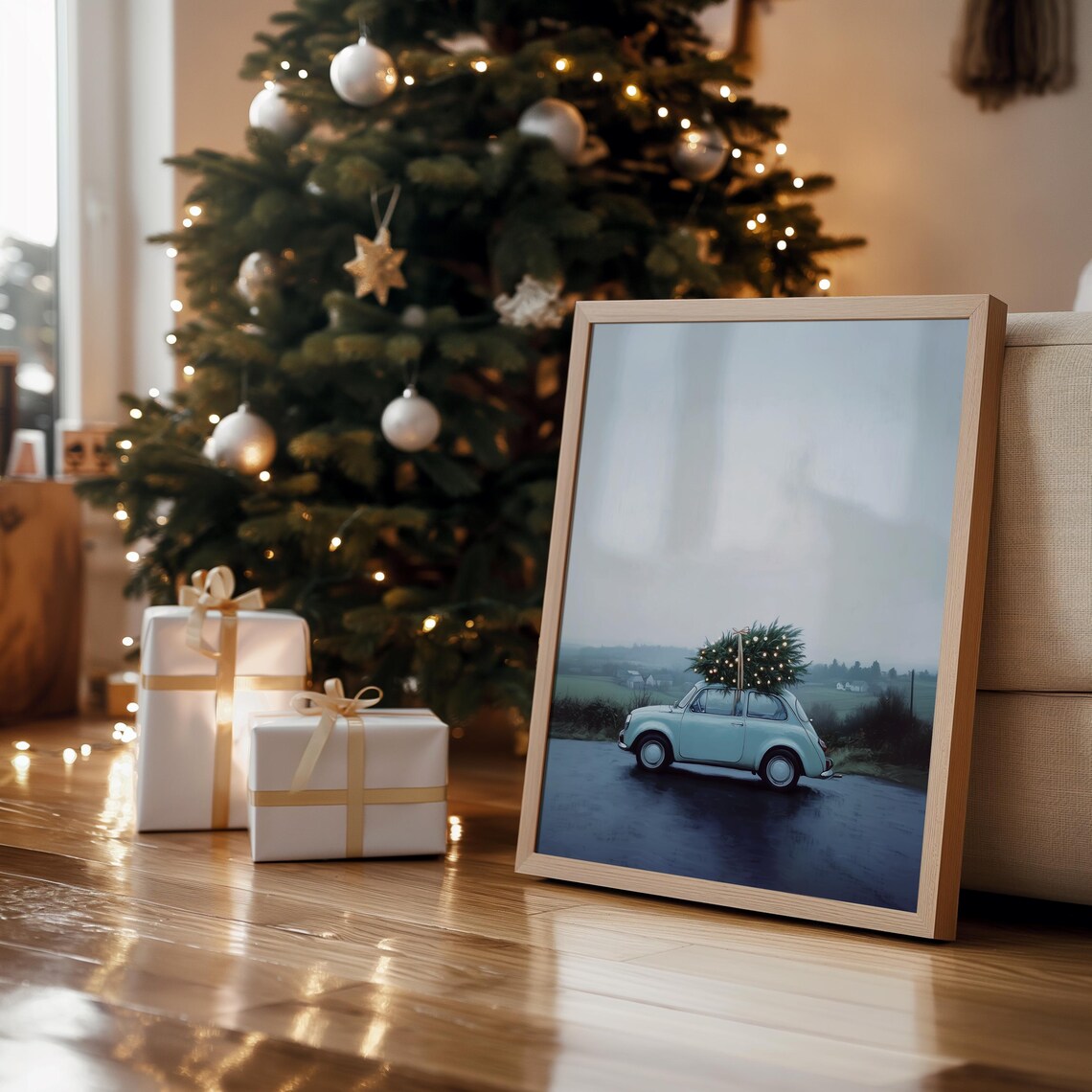Vintage Blue Car Christmas Tree Roof Misty Road Holiday Wall Art Print - Image 4