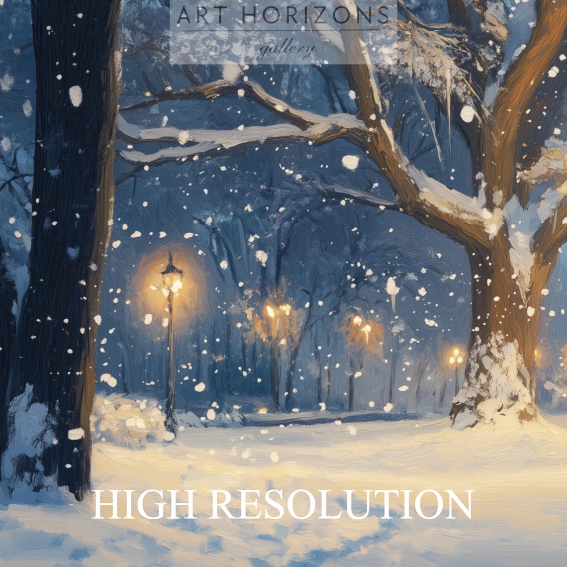 Snowy Park at Night with Lampposts Kids Sledding Travel Poster - Image 4