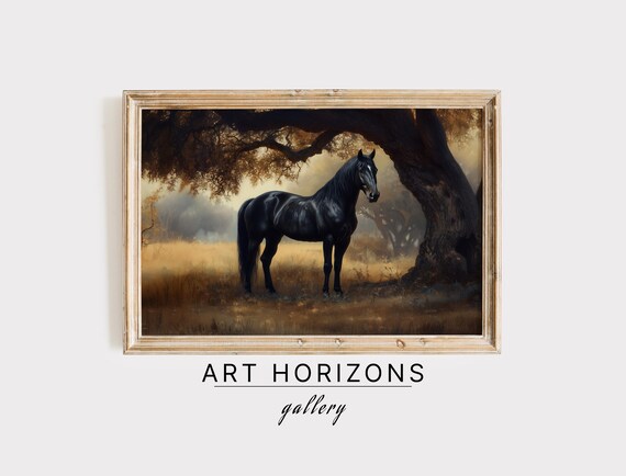 Black Horse Oil Painting Wall Art Vintage Horse Print Art Farmhouse Home Decor Art Antique Dark Moody Art A220