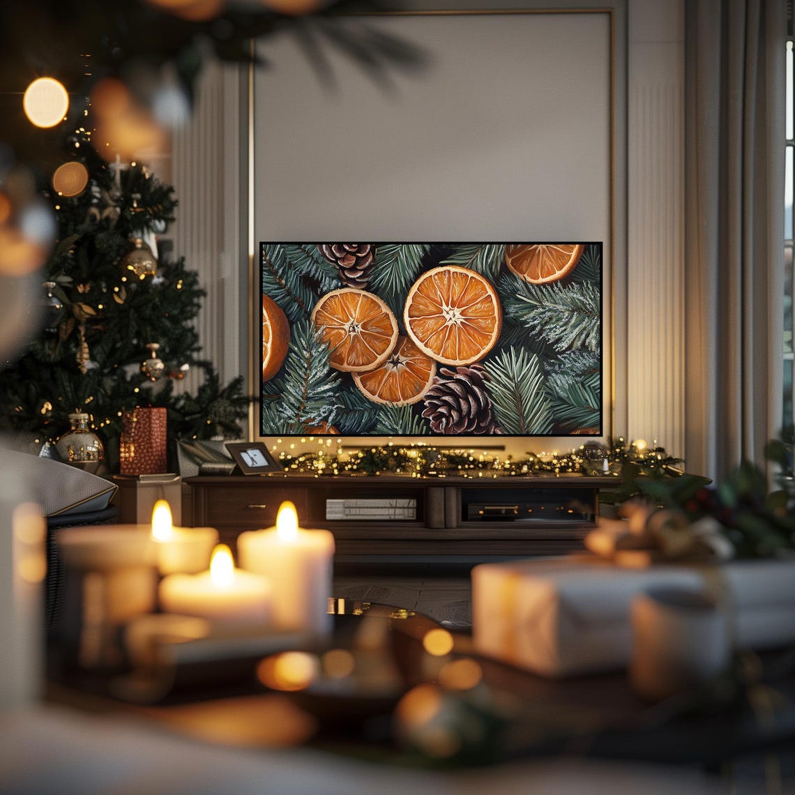 Vintage Dried Orange Slices Pinecones And Fir Branches Christmas Print - Image 4