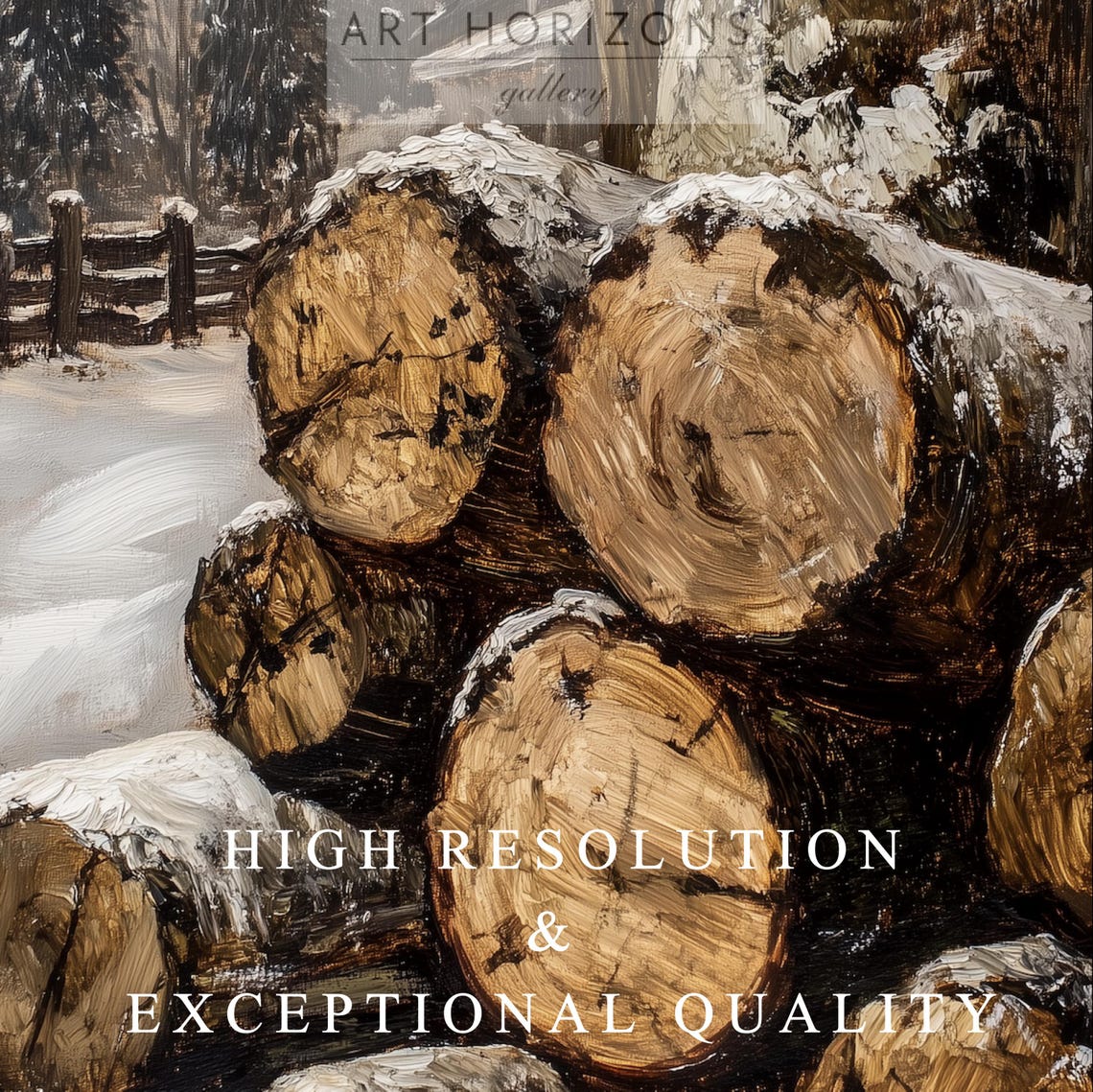 Vintage Winter Oil Painting Pile Of Wood Snow Landscape Farmhouse Cabbin Village Wall Art Firewood Forest Tree Home Decor A309 - Image 3