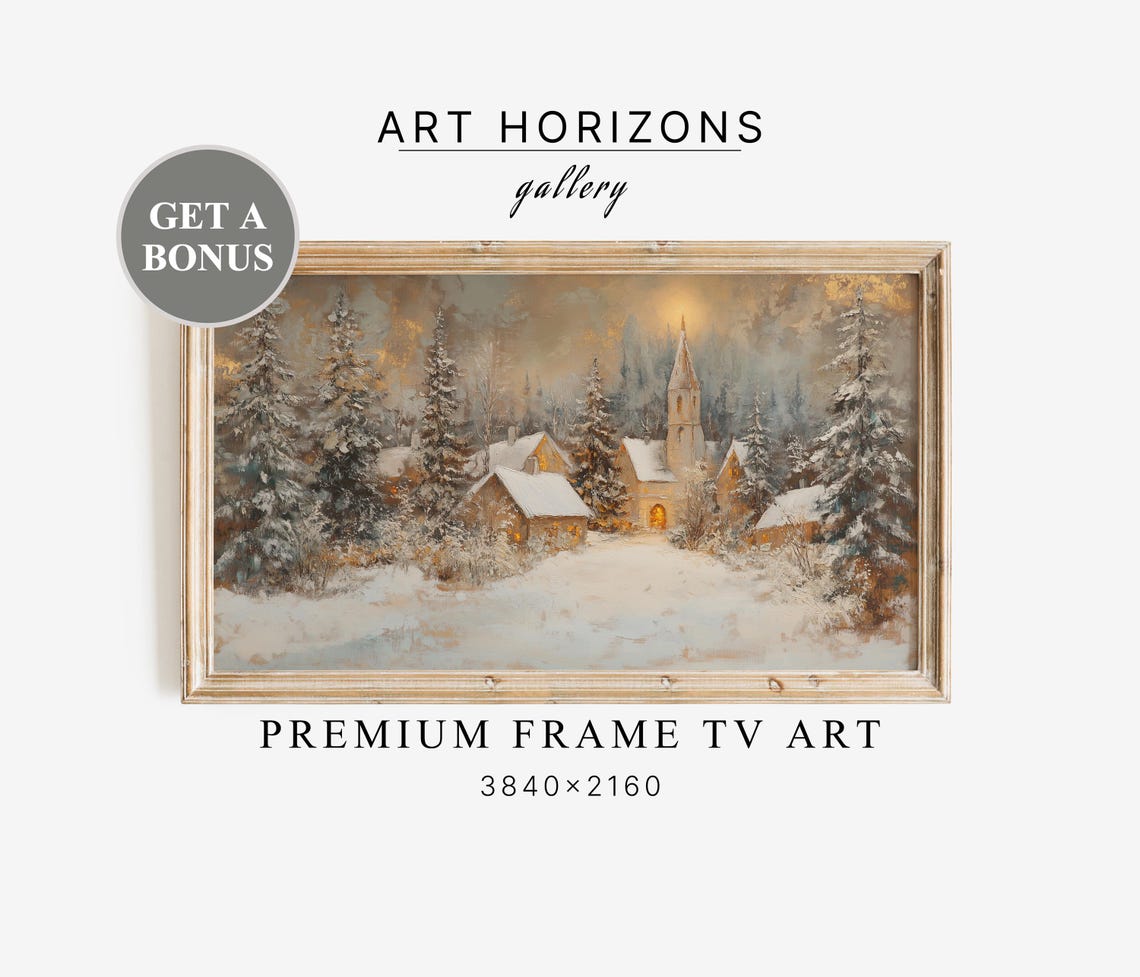 Christmas Winter Village Frame Tv Art Winter Landscape Oil Painting For Frame Tv Vintage Neutral Holiday Decor Art Tv67