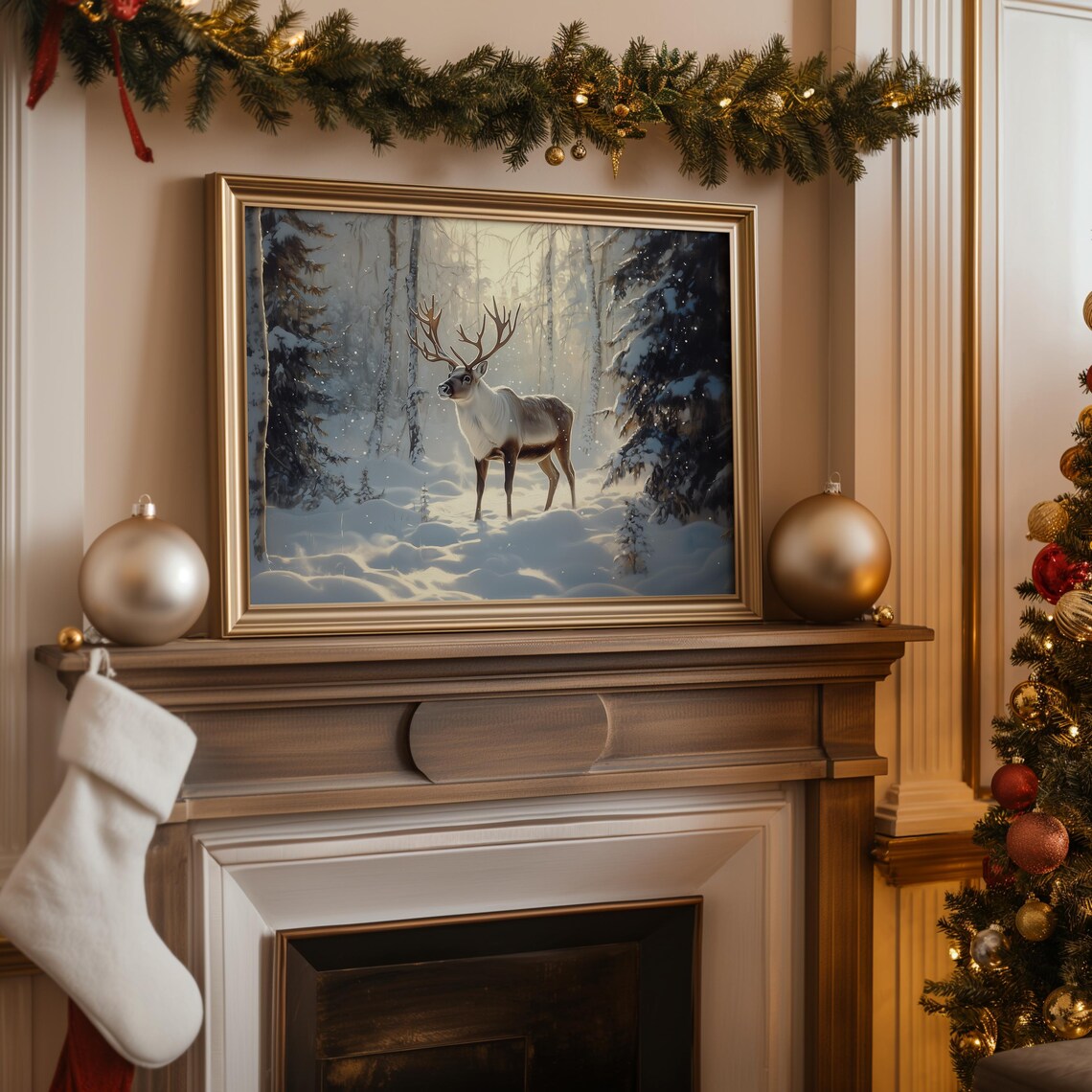 Reindeer Stag Antlers Sunlit Snowy Forest Winter Wildlife Poster - Image 2