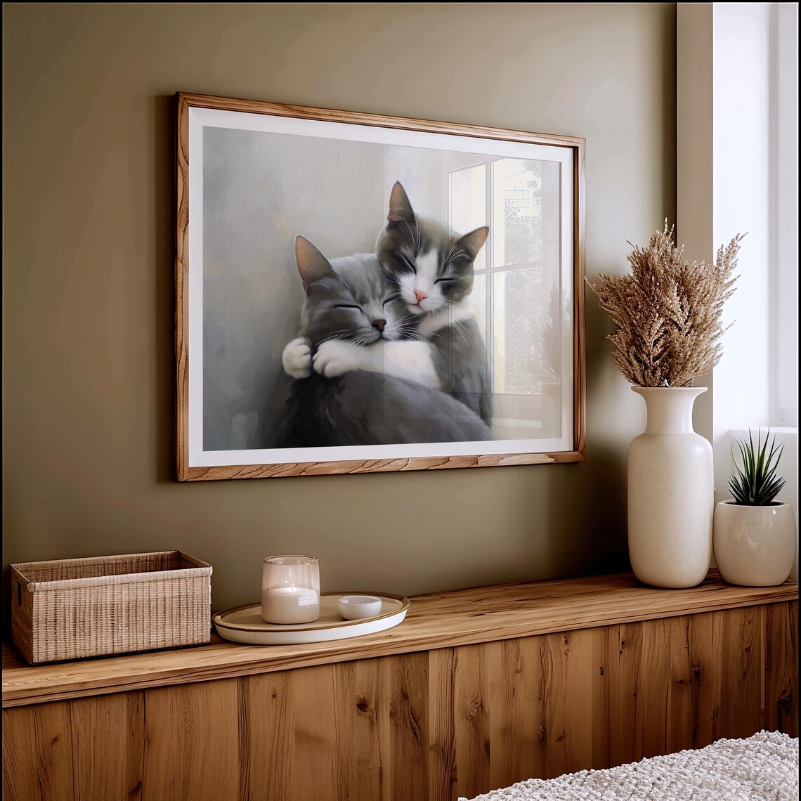 Two Grey Cats Cuddling Oil Painting Sweet Pet Love Vintage Wall Poster - Image 3