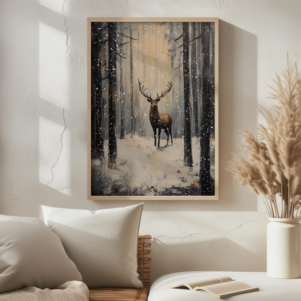 Majestic Stag Standing in Snowy Winter Forest Falling Snow Art Print - Image 2