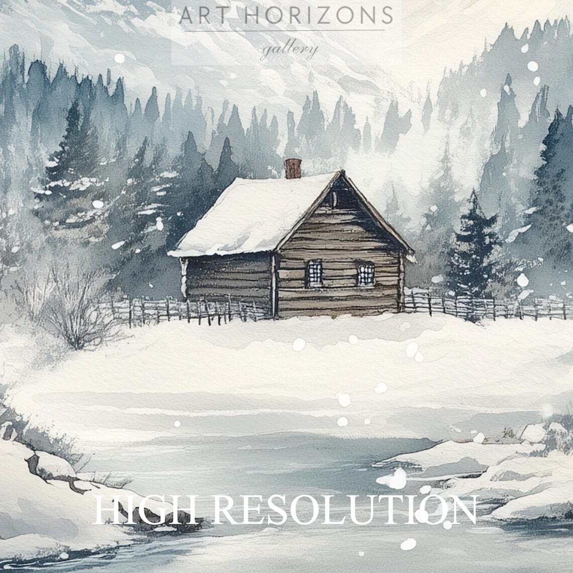 Mountain Cabin River Snowy Pines Watercolor Winter Landscape Poster - Image 4