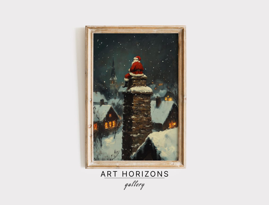 Santa On Chimney Night Snowy Village Rooftops Moonlight Poster