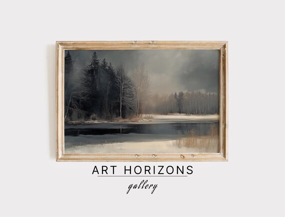 Winter Trees Lake Painting Moody Landscape Print Moody Wall Art Dark Academia Decor Gothic Aesthetic Art A204