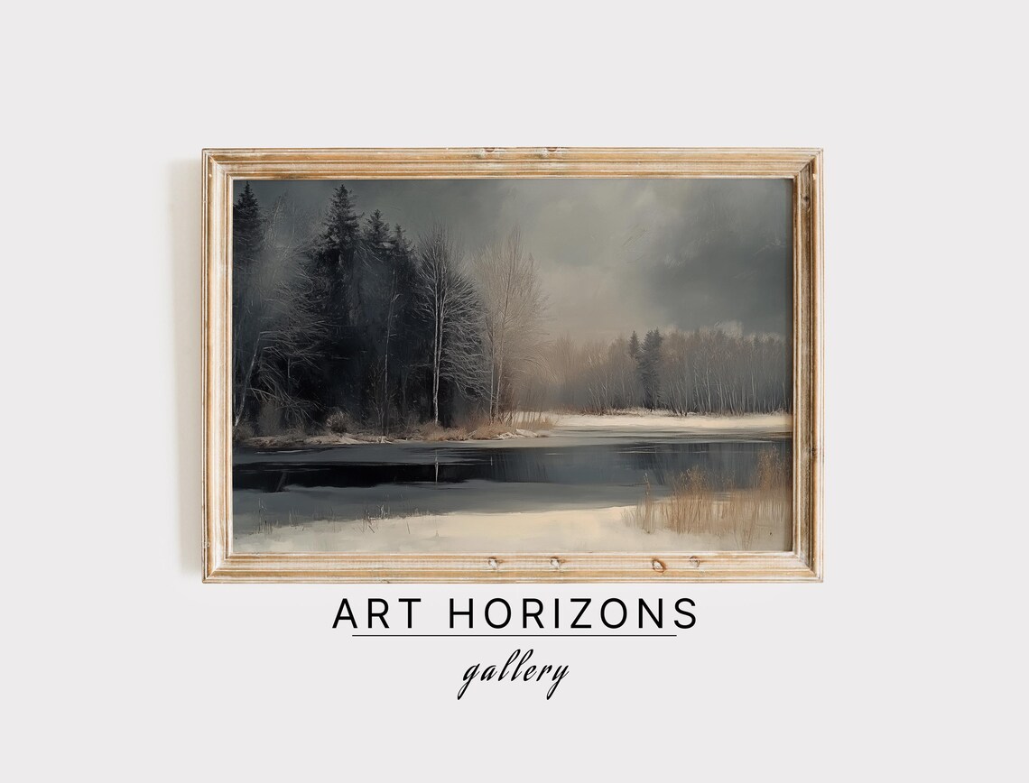 Dark Moody Winter Forest By A Frozen Lake Oil Painting Poster
