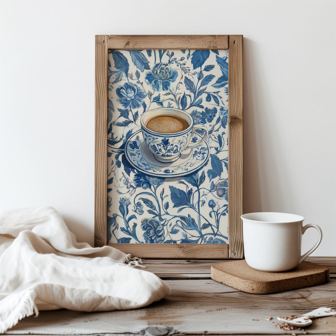 Blue And White Porcelain Coffee Cup On Floral China Pattern Art Poster - Image 2