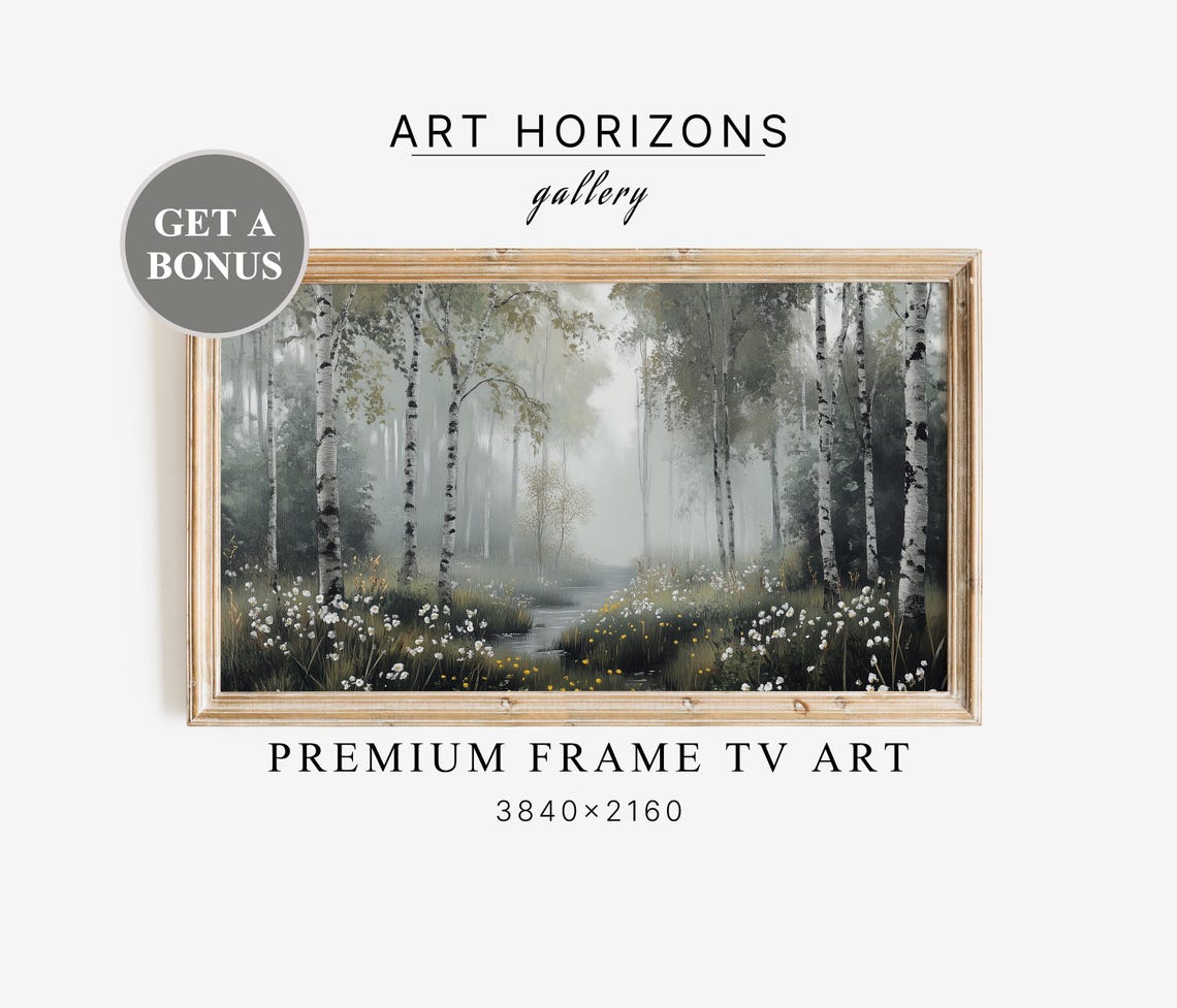 Misty Birch Forest With Wildflower Meadow Premium Frame TV Art Poster