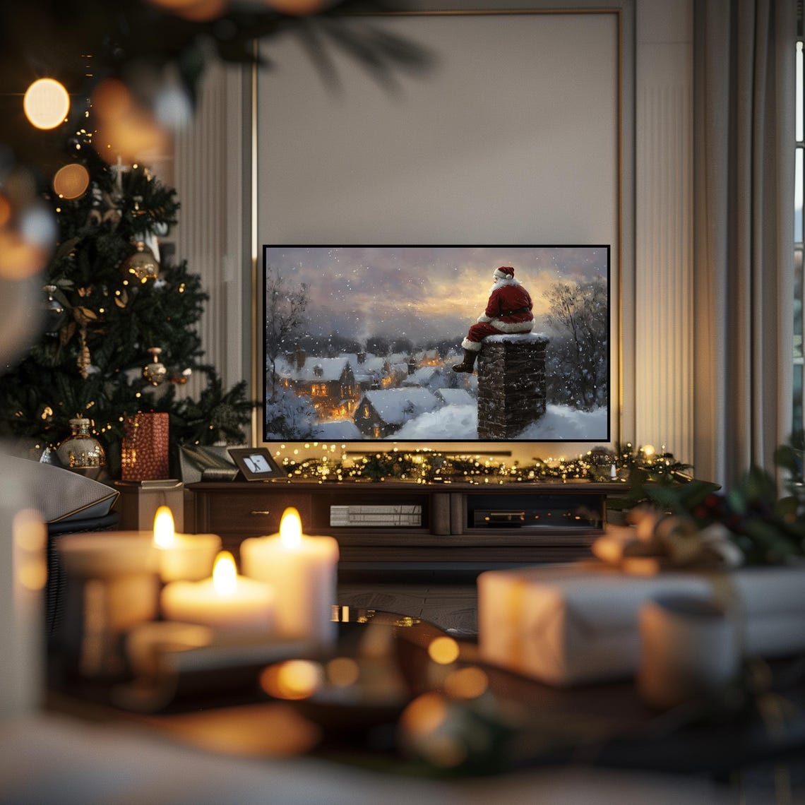 Santa Christmas Vintage Frame Tv Art Santa Sitting Art For Tv Farmhouse Roof Painting Christmas Decor Tv18 - Image 4