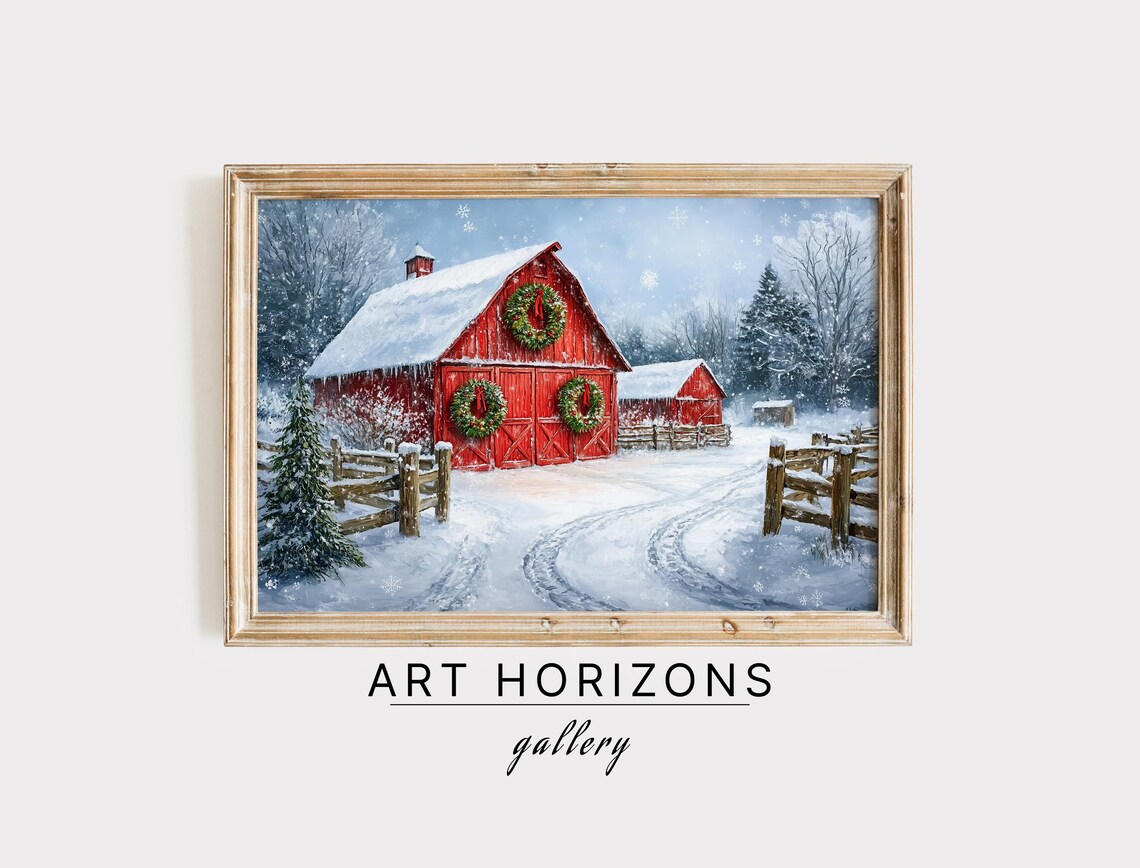 Red Barn with Christmas Wreaths in Falling Snow Farm Travel Poster