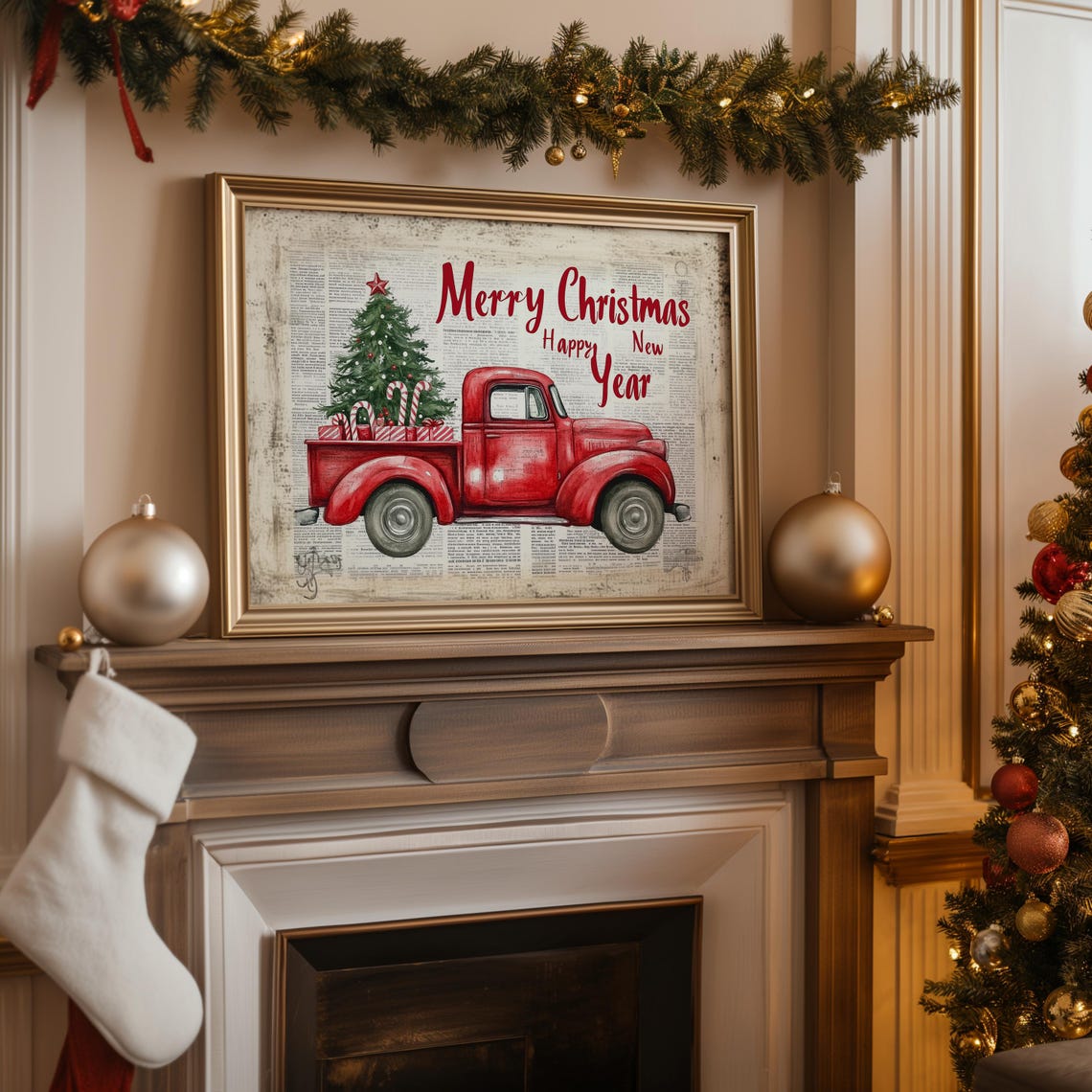 Merry Christmas Vintage Red Truck Tree Newspaper Background Print - Image 2