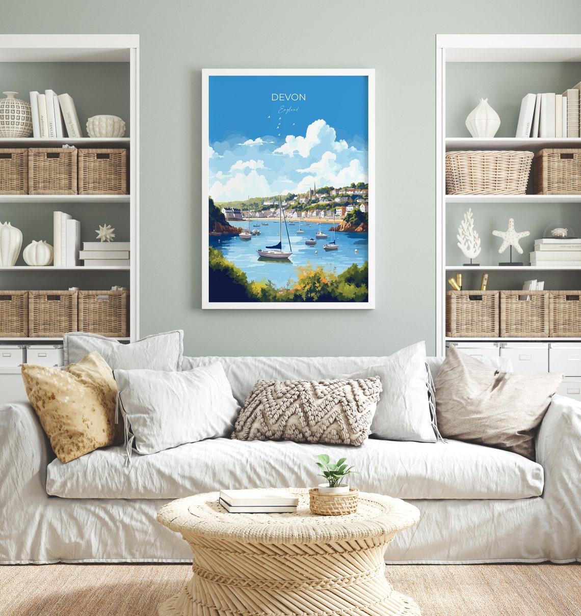 Devon England Sailboat Harbor Hillside Seaside Town Travel Poster - Image 4