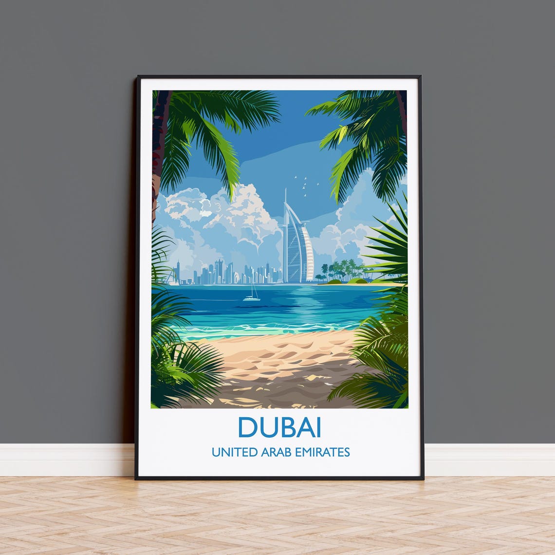 Dubai UAE Burj Al Arab Tropical Beach Palm Trees Travel Poster