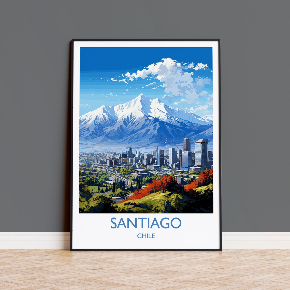 Santiago Chile Andes Snow Capped Peaks City Skyline Travel Poster