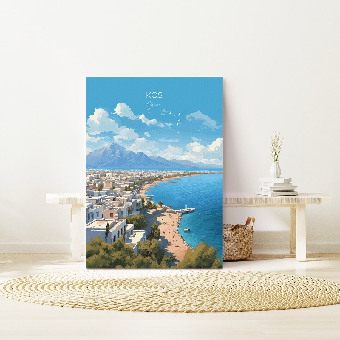 Kos Greece Whitewashed Town Beach Mountain View Travel Poster - Image 3
