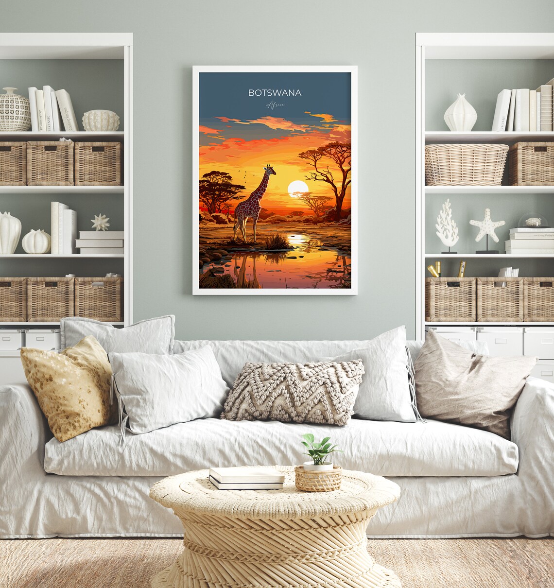 Botswana Africa Giraffe Waterhole Sunset Glow Vintage Travel Poster - Image 4