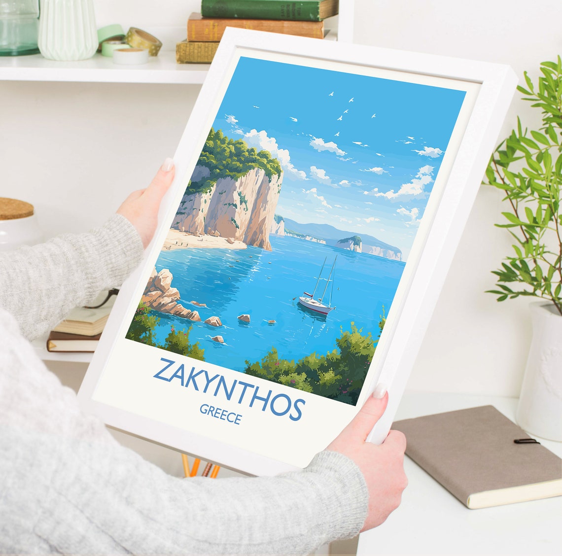 Zakynthos Greece Turquoise Bay Cliffs Sailboat Island Travel Poster - Image 5