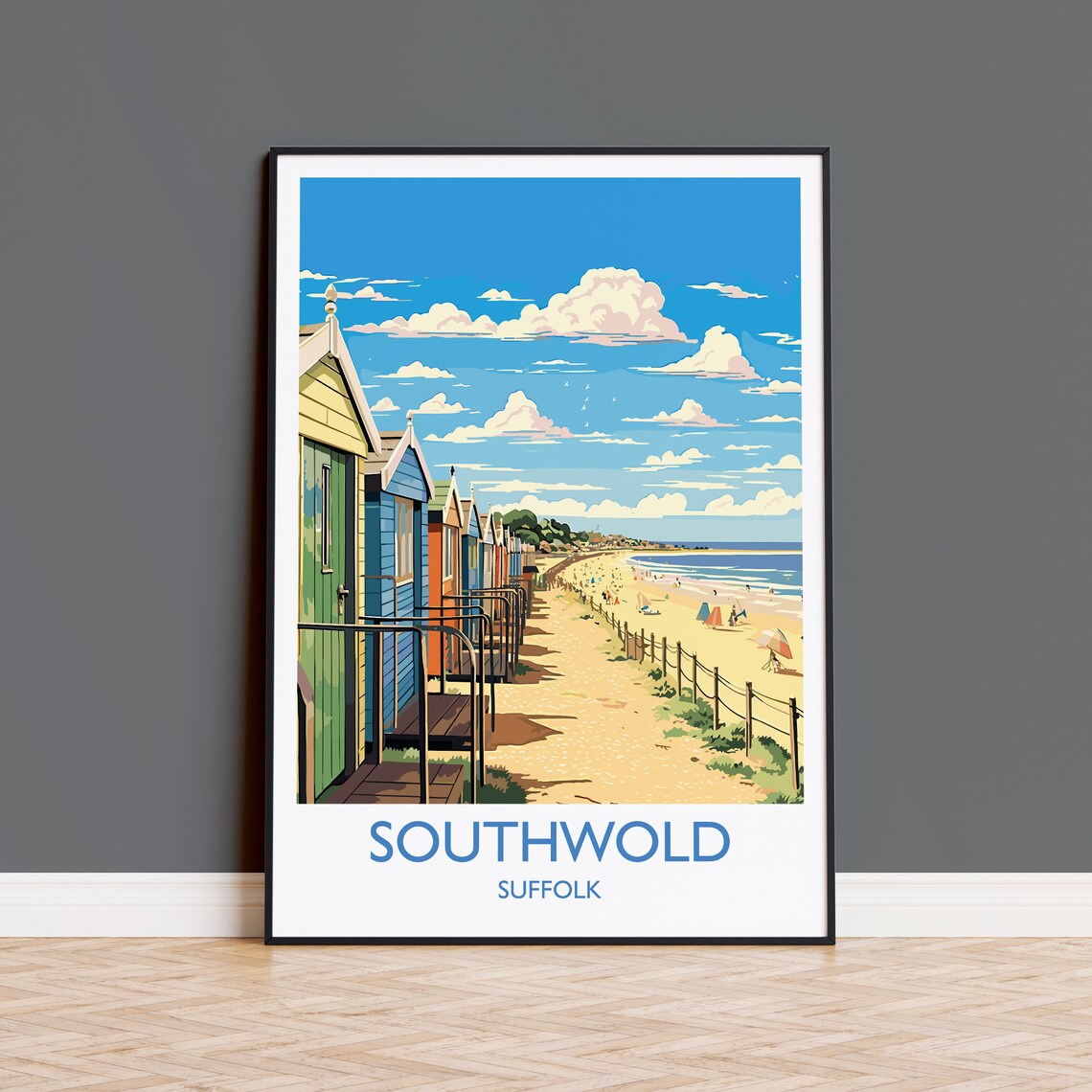 Southwold Suffolk Beach Huts White Border Coast Travel Poster