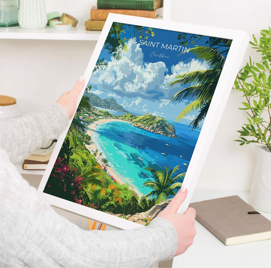 Saint Martin Caribbean Turquoise Bay Island Sailboats Travel Poster - Image 3