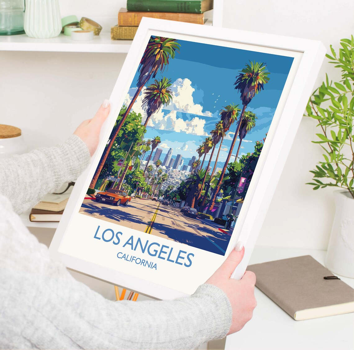 Los Angeles Palm Lined Avenue Downtown White Border Travel Poster - Image 3