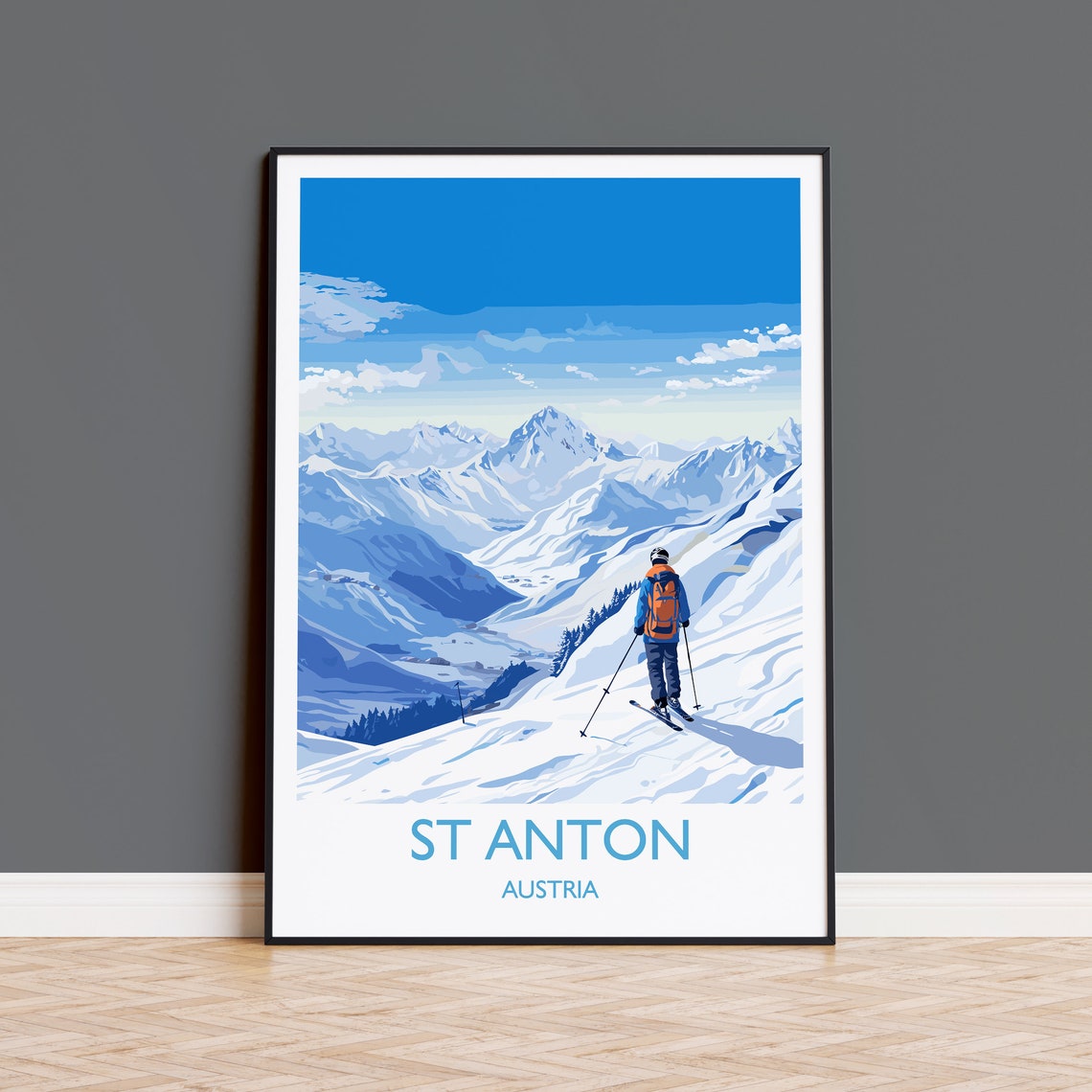 St Anton Austria Skier Overlooking Snowy Peaks Winter Travel Poster