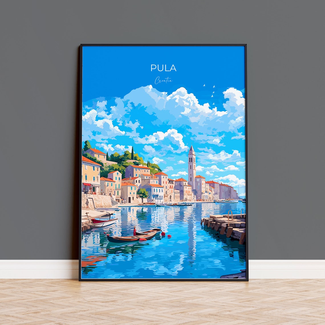 Pula Croatia Waterfront Bell Tower Boats Harbor View Art Poster