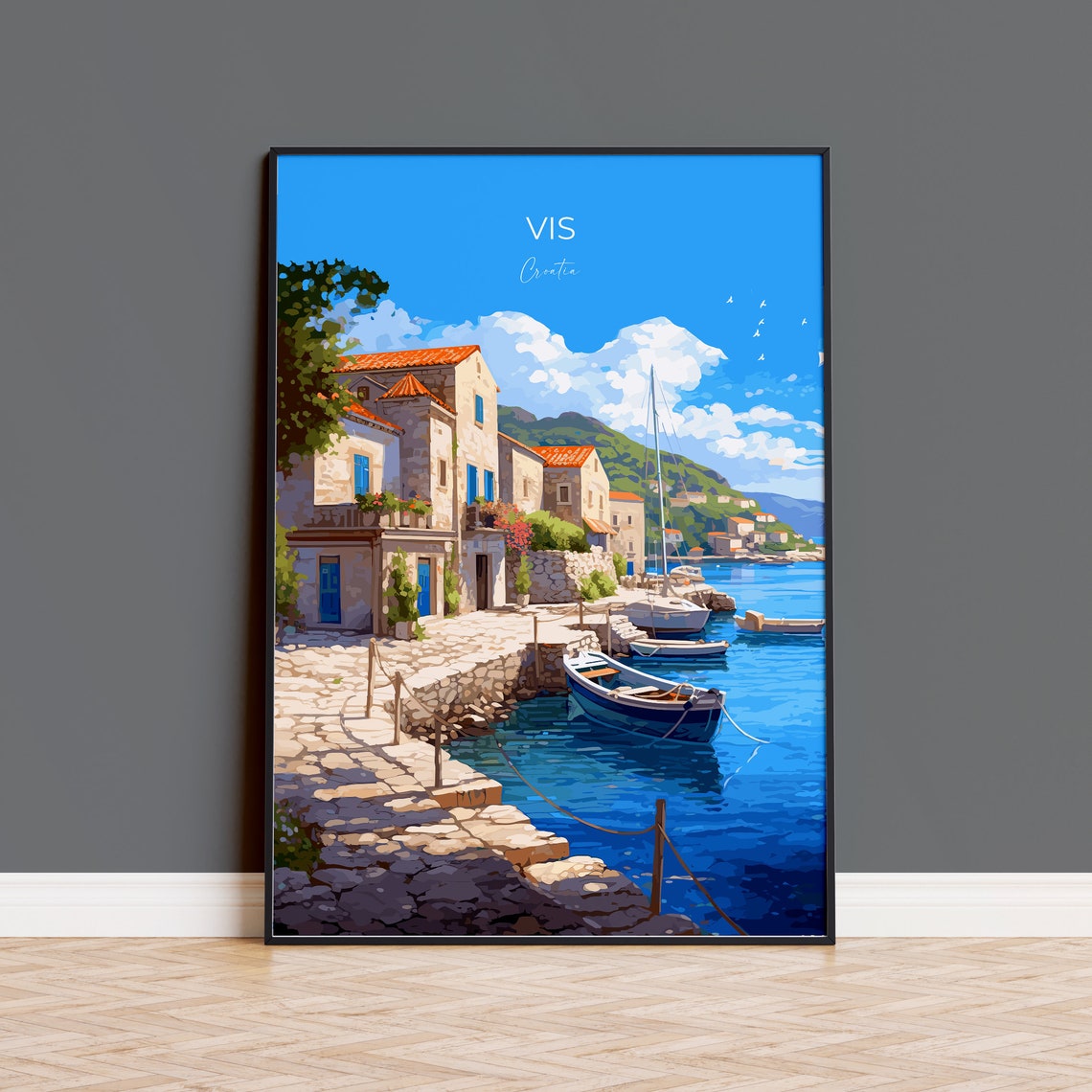 Vis Croatia Stone Harbor Fishing Boats Island Town View Poster