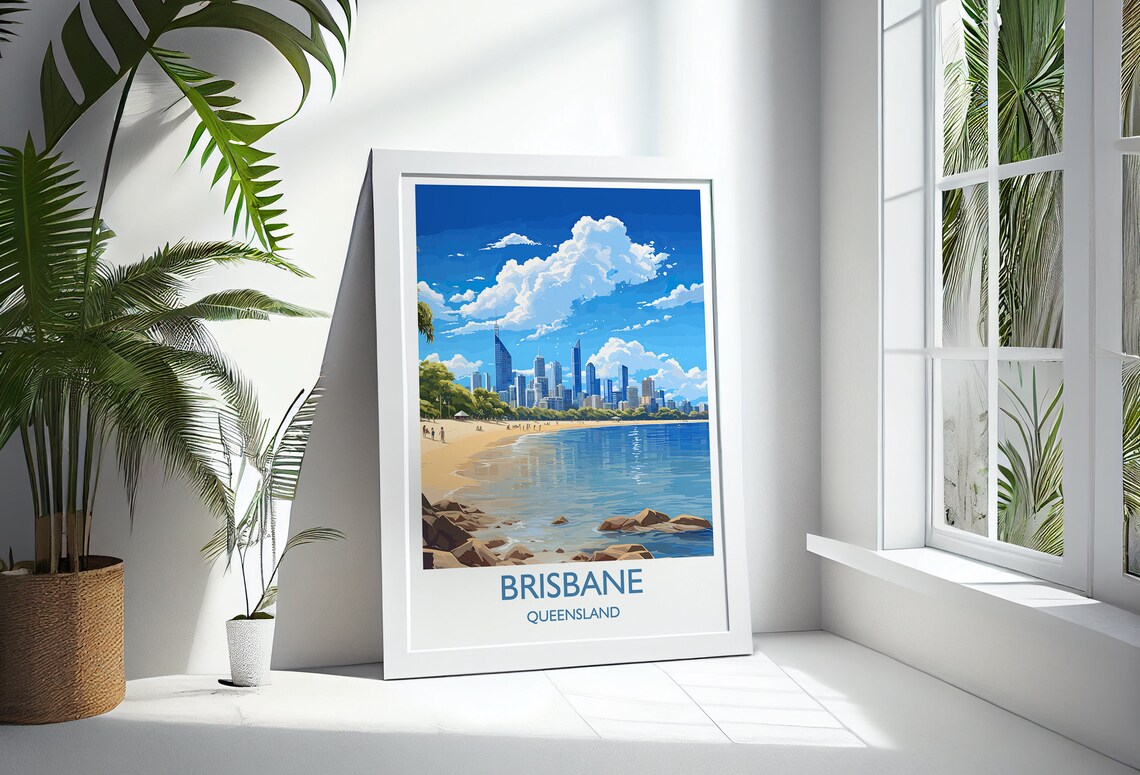 Brisbane Queensland City Skyline Waterfront Beach Scene Travel Poster - Image 3