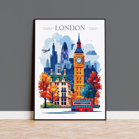 London Skyline Travel Poster, England City Art