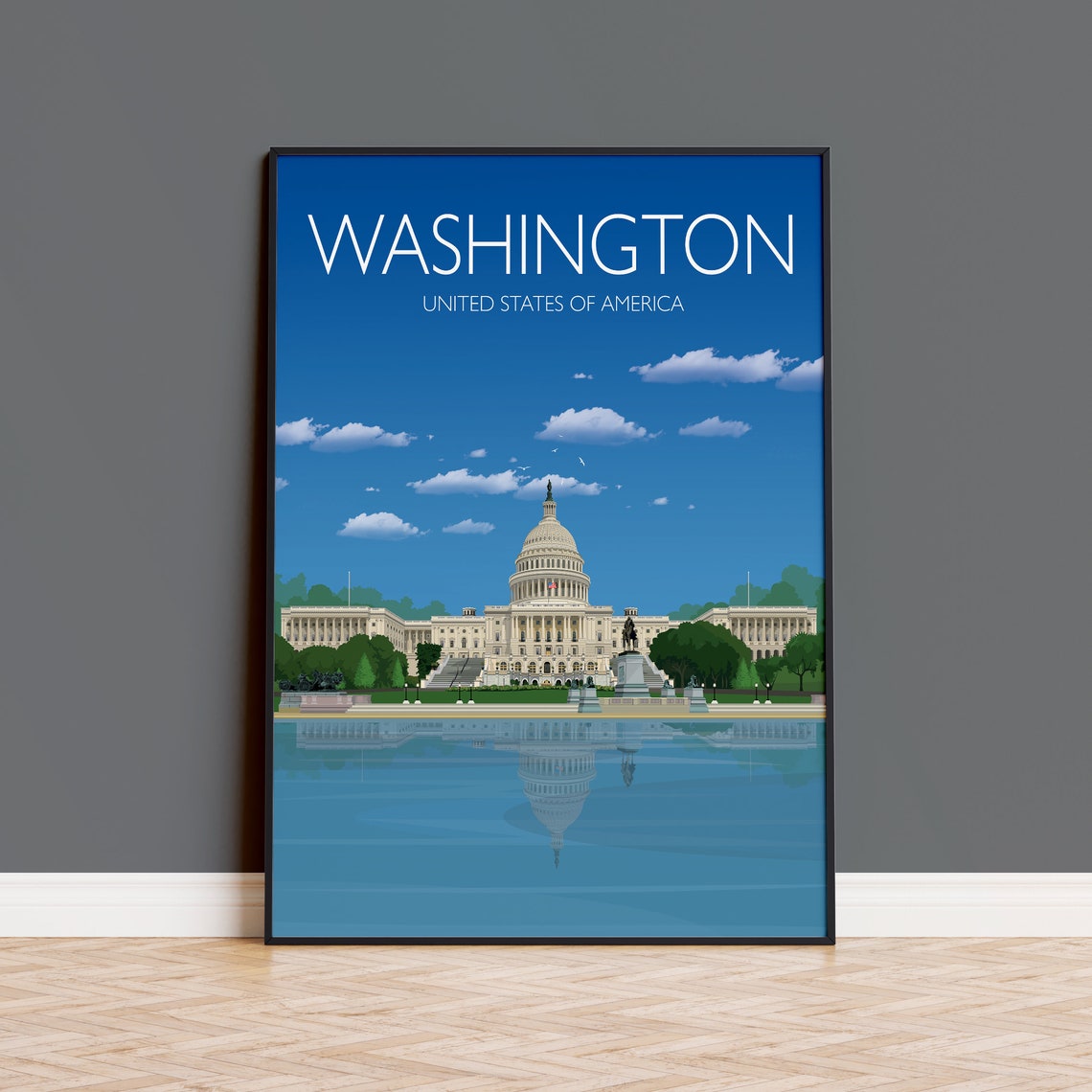 Washington DC US Capitol Reflecting Pool Landmark Travel Poster