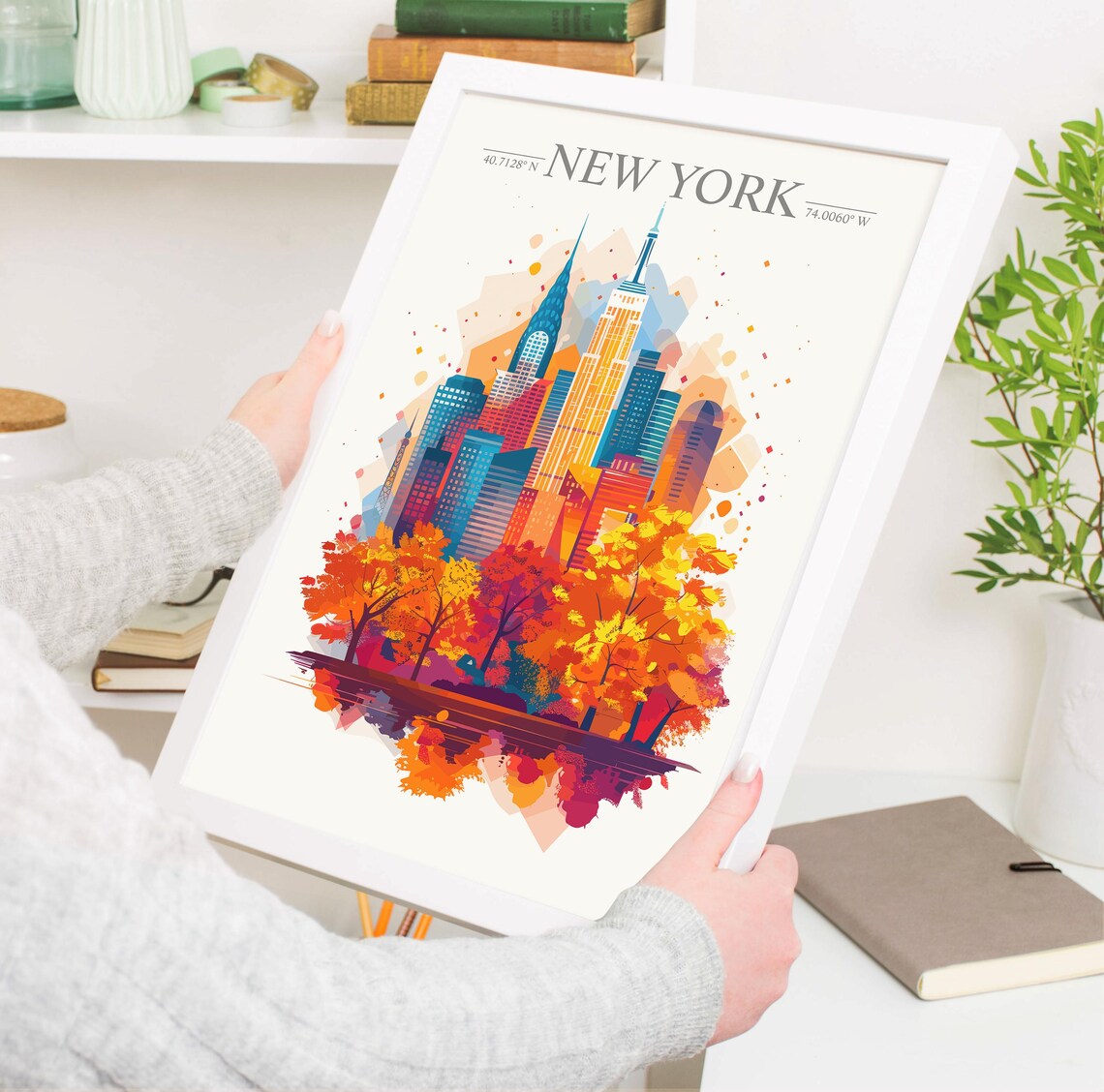 New York Skyline Watercolor Blazing With Fiery Autumn Trees Poster - Image 3