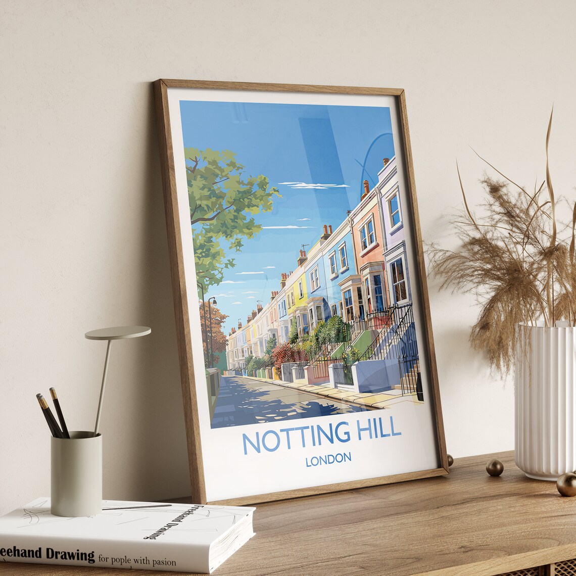 Notting Hill London Pastel Street Houses Scene Travel Poster - Image 3