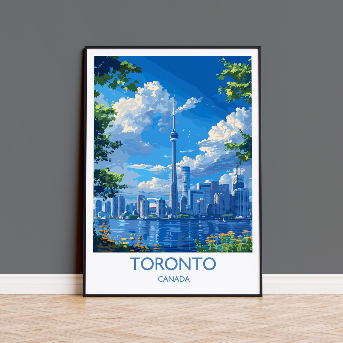 Toronto Canada CN Tower Harbor Skyline Blue Sky Vintage Travel Poster