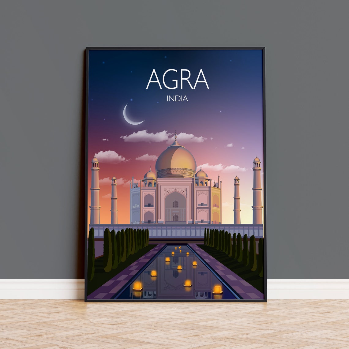 Agra India Taj Mahal Sunset Dusk Moon Lanterns Glow Art Poster