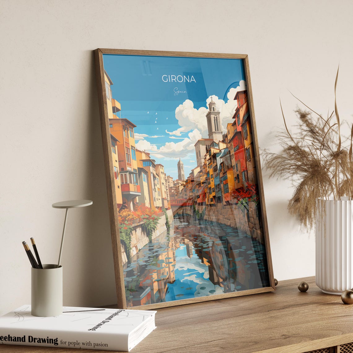 Girona Spain Onyar River Bridge Reflection Old Town Travel Poster - Image 2
