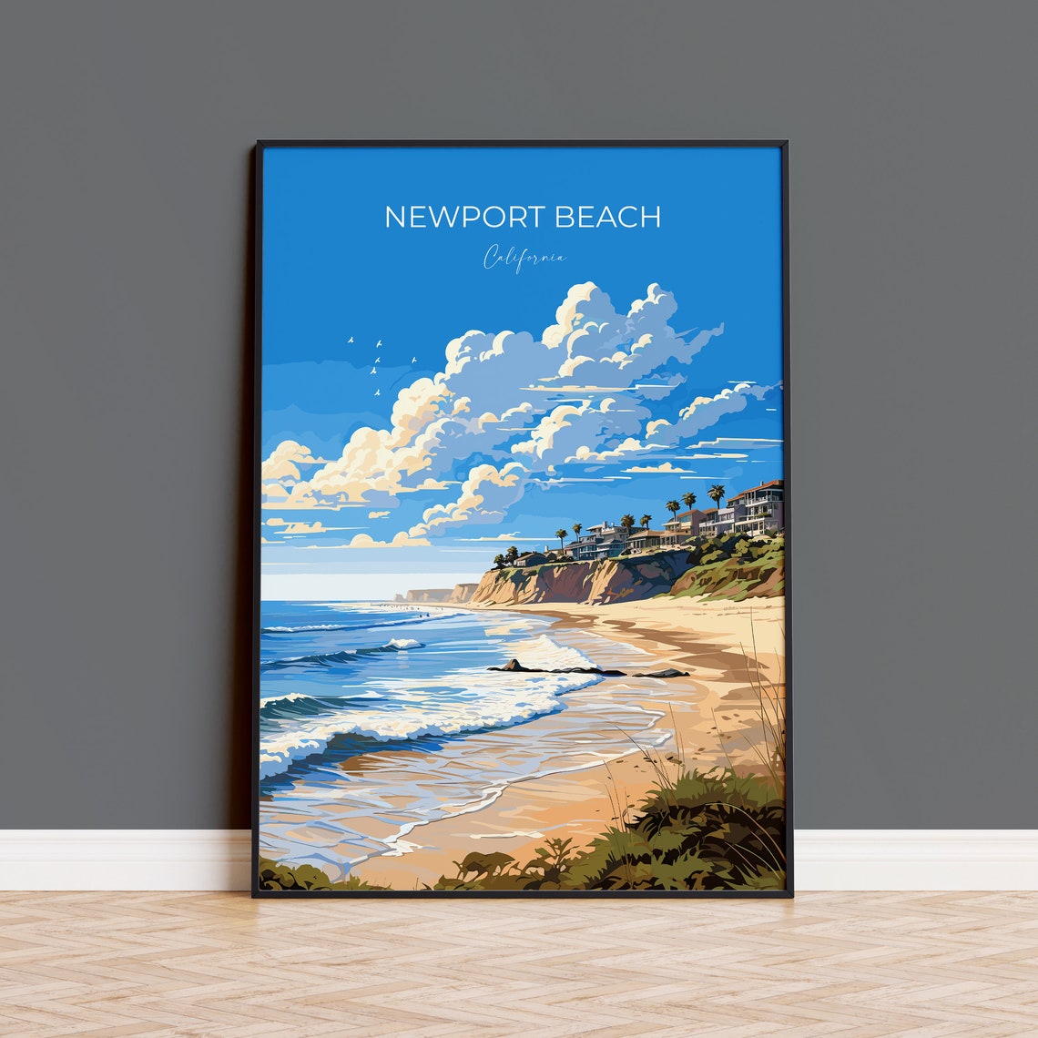 Newport Beach California Coastal Shoreline Surf Waves Script Poster