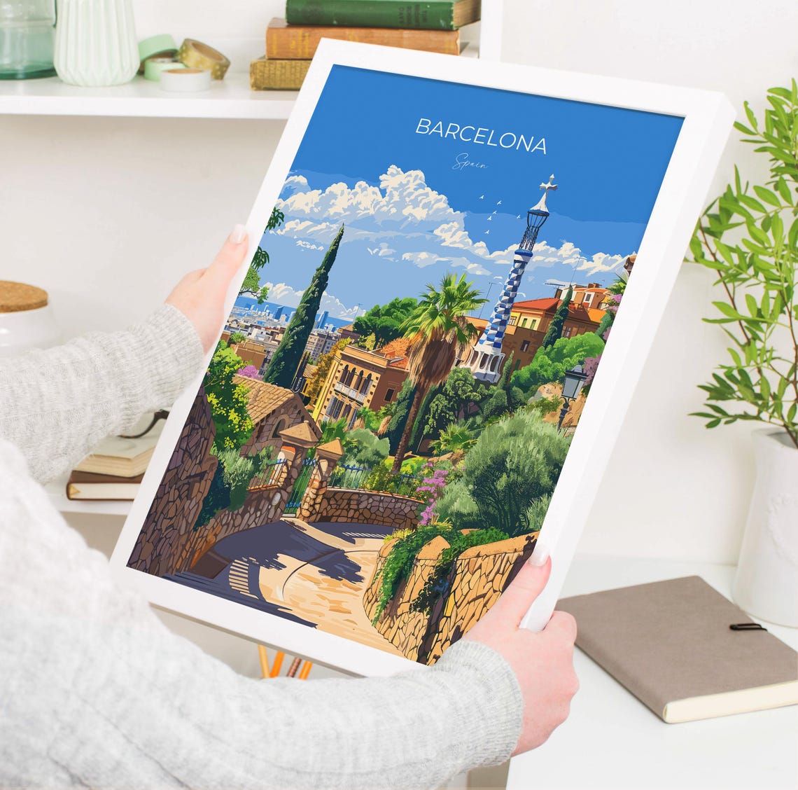 Barcelona Park Guell Mosaic Tower Garden Path View Travel Poster - Image 3