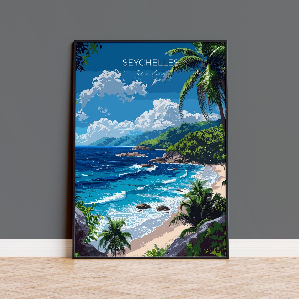 Seychelles Indian Ocean Tropical Beach Waves Vintage Travel Poster